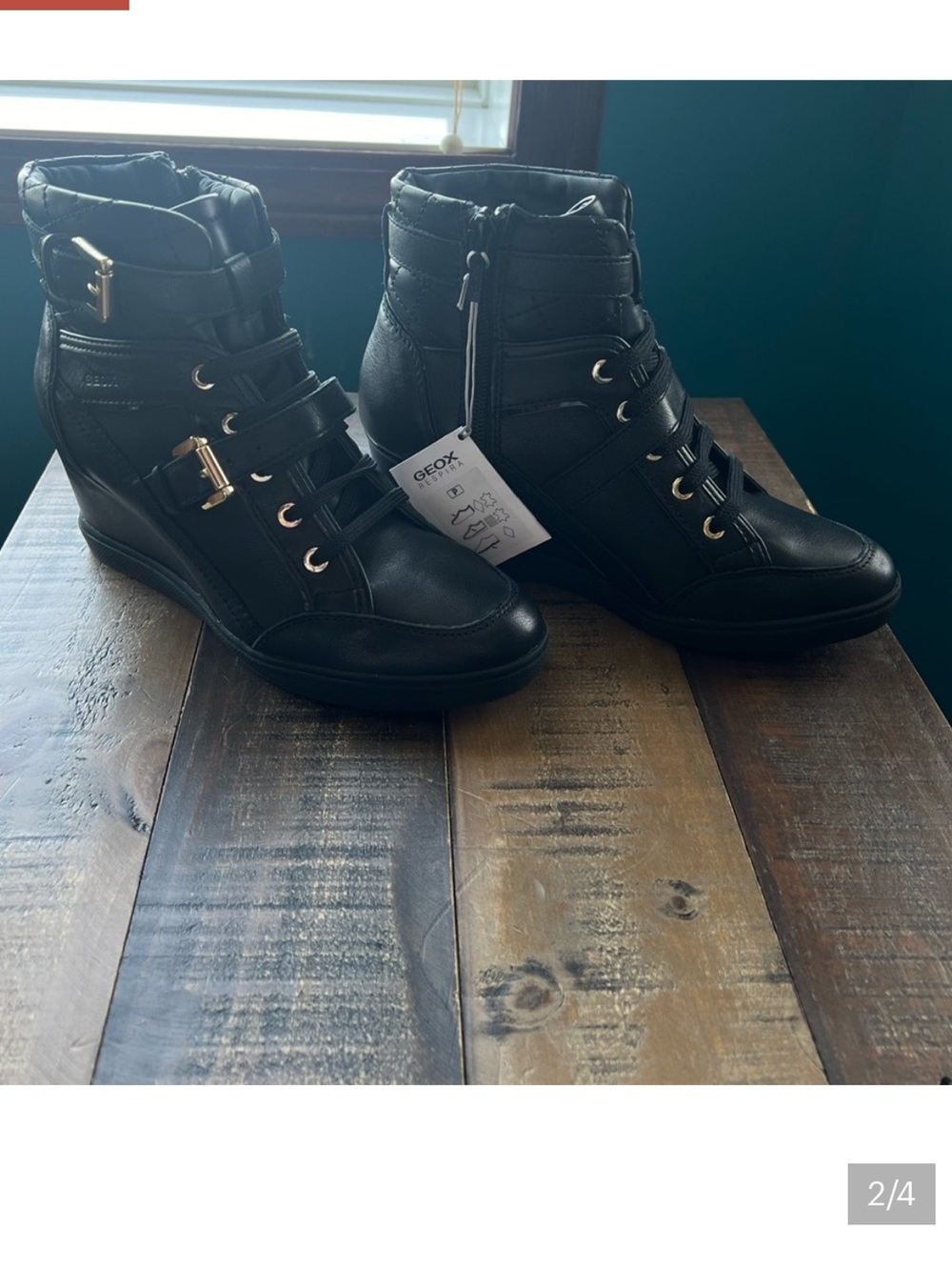 Geox Black Wedge Lace-Up Ankle Boots with Gold Hardware NWT